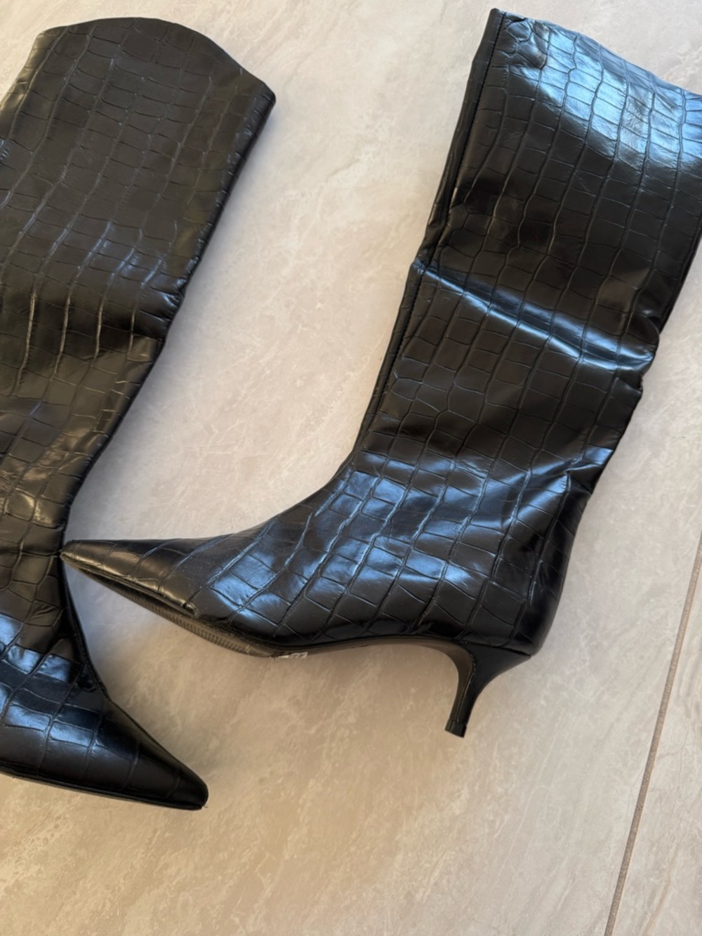Black Schultz Croc-Embossed Pointed-Knee Boots - Picture 3 of 6